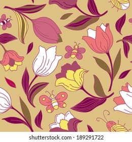 Seamless floral pattern with butterflies, bees and tulips.