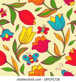 Seamless floral pattern with butterflies, bees and tulips.