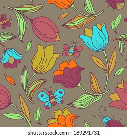 Seamless floral pattern with butterflies, bees and tulips.