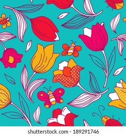 Seamless floral pattern with butterflies, bees and tulips.