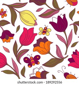 Seamless floral pattern with butterflies, bees and tulips.