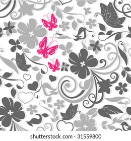 Seamless floral pattern with butterflies and birds