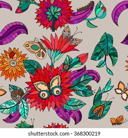 Seamless floral pattern with butterflies, bugs, leaves and flowers. Vector color illustration.