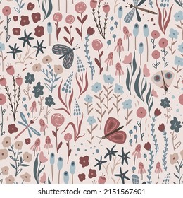 Seamless floral pattern with butterflies and dragonflies.Vector texture.