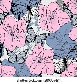 Seamless floral pattern with butterflies, executed in pink and grey colors, vector illustration eps 10