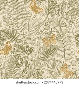 Seamless floral pattern with butterflies. Forest background. Vector botanical illustration. Fern, elderberry, eucalyptus, ginkgo, tea. Green and gold