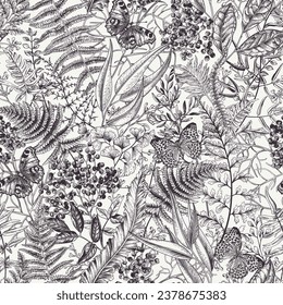 Seamless floral pattern with butterflies. Forest background. Vector botanical illustration. Fern, elderberry, eucalyptus, ginkgo, tea. Black and white.