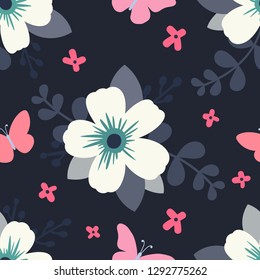 Seamless floral pattern with butterflies. For gift wrapping paper, fabric, clothes, textile, surface textures, scrapbook. Vector illustration.