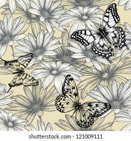 Seamless floral pattern with butterflies, hand drawing. Vector illustration.