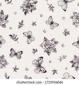 Seamless floral pattern with butterflies.  Little garden.  Black and white.