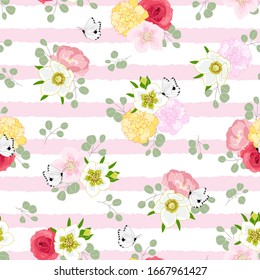 Seamless floral pattern with butterflies on pink stripes