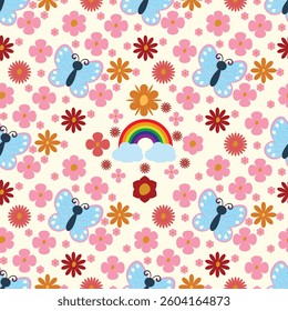 Seamless floral pattern with butterflies, rainbow, and delicate flowers on a soft pastel background. Perfect for fabrics, gift wrap, wallpaper, invitations, and seasonal decorations