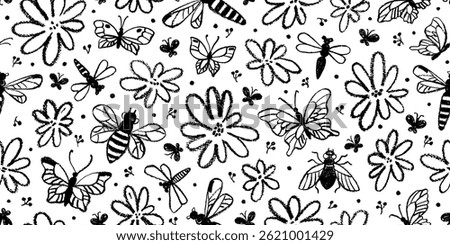 Seamless floral pattern with butterfly and flower. Black insect butterfly bee dragonfly bug silhouette on white bg. Vector vintage abstract background design. Floral drawing. Seamless insect pattern