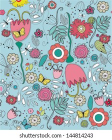 Seamless floral pattern with butterfly in retro style