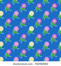 Seamless floral pattern with cacti. Bright colors on blue background.