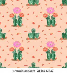 Padrão floral contínuo com cactos. Adequado para decorar no verão e na primavera. Perfeito para papéis de parede, cartões e desenhos vintage.