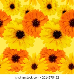 seamless floral pattern of calendula or chrysanthemum flowers on a yellow background