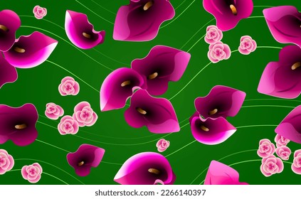  Seamless floral pattern with calla lilies and roses on a green background