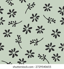 Padrão floral sem costura em verde sálvia calmante com elementos botânicos desenhados à mão. Fundo moderno mínimo para têxteis, embalagens, marcas, papel de parede, artigos de papelaria e projetos de design ecológico.