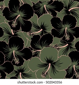 Seamless floral pattern can be used for wallpaper, website background, wrapping paper. Natural black and green hibiscus seamless pattern. Summer design. Vector flower concept.