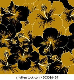 Seamless floral pattern can be used for wallpaper, website background, wrapping paper. Natural black and yellow hibiscus seamless pattern. Summer design. Vector flower concept.