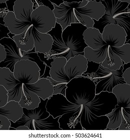 Seamless floral pattern can be used for wallpaper, website background, wrapping paper. Natural black and gray hibiscus seamless pattern. Summer design. Vector flower concept.