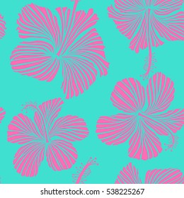 Seamless floral pattern can be used for wallpaper, website background, wrapping paper. Vector flower concept. Natural pink and blue hibiscus seamless pattern. Summer design.