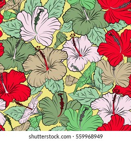Seamless floral pattern can be used for wallpaper, website background, wrapping paper. Natural yellow and red hibiscus seamless pattern. Summer design. Vector flower concept.