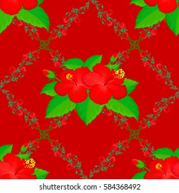Seamless floral pattern can be used for wallpaper, wrapping paper, textile print. Leaf natural floral pattern, summer design. Vector flower concept on a red backdrop.