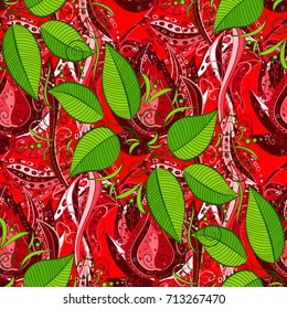 Seamless floral pattern can be used for wallpaper, website background, wrapping paper. Leaf natural pattern in red, green and pink colors. Summer design. Vector flower concept.