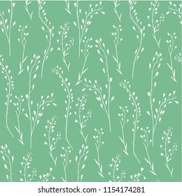 Seamless floral pattern, Capsella flower, Shepherd's purse, Capsella bursa-pastoris, the entire plant, hand drawn vector sketch grass isolated on green background for design cosmetic, natural textile