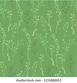 Seamless floral pattern, Capsella flower, Shepherd's purse, Capsella bursa-pastoris, the entire plant, hand drawn vector sketch grass isolated on green background for design cosmetic, natural textile