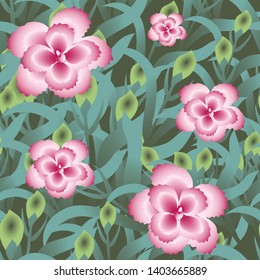 Seamless floral pattern with carnation on green gackground