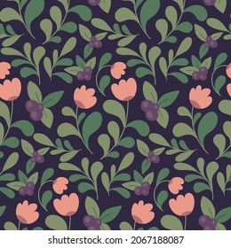 Patrón floral sin foco con flores de dibujos animados. Pradera de verano con flores rosas, bayas moradas, hojas. La huella botánica de los niños. Ilustración vectorial.