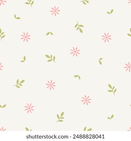 Seamless floral pattern with cartoon sprouts and flower branches. Motifs scattered random. Spring or summer print for fabric, wrapping, textile, wallpaper, card, paper gift, phone case, stationery.