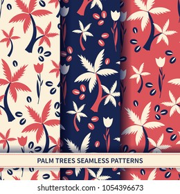 Seamless floral pattern cartoon vector tropical illustration, palm tree, tulip flower, coffee seeds isolated on background, decorative exotic texture for design wrapping paper, greeting card, cosmetic