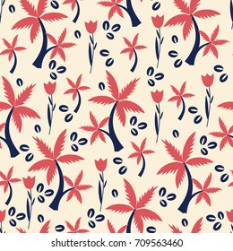 Seamless floral pattern, cartoon vector tropical illustration, tulip flower, coffee seeds, palm tree isolated on background, decorative texture for design wrapping paper, greeting card, cosmetic