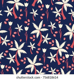 Seamless floral pattern cartoon vector tropical illustration tulip flower, coffee seed, palm tree isolated on blue background, decorative texture for design greeting card, cosmetic, backdrop, paper
