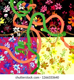 Seamless floral pattern with chains and belts. Vector patch whith flowers for scarfs, print, fabric.