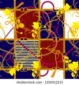 Seamless floral pattern with chains and roses. Vector patch for fabric, scarf.
