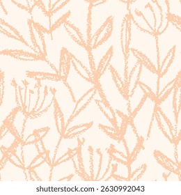 Padrão floral contínuo de plantas selvagens desenhadas a giz. Design de impressão botânica delicada com silhuetas de plantas, galhos desenhados à mão, flores, folhas. Ilustração vetorial em duas cores.