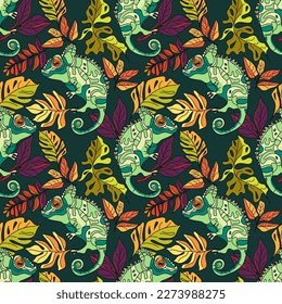 Seamless floral pattern with chameleons and tropical leaves vector illustration 