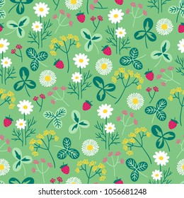 Seamless floral pattern with chamomile, clover and wild strawberry on green background. Perfect for summer greeting cards and wedding invitation