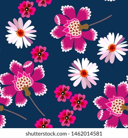 Seamless floral pattern with chamomile  and fantasy flowers on dark blue background. Fashionable print for fabric in retro style.