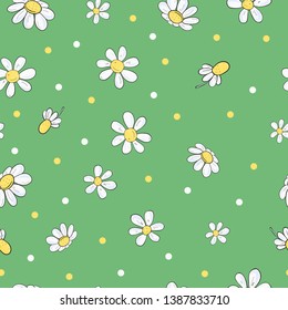 Seamless floral pattern with chamomile flowers. Colorful vector illustration on green background in sketch style. For packaging and textiles on the summer theme.
