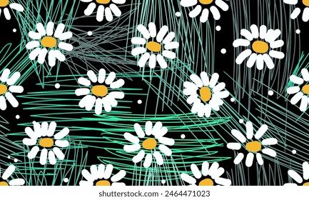 Seamless floral pattern with chamomile flowers. Summer background. Daisy flowers
