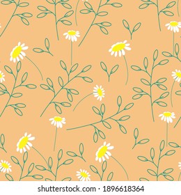 Patrón floral sin foco. Chamomiles, margaritas con un fondo naranja. Patrón infinito para textiles, fondos, cuadernos, vasos desechables, servilletas o papel pintado. Vector, de estilo plano.