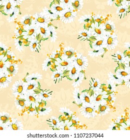 Seamless floral pattern with chamomiles and mimosas