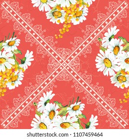Seamless floral pattern with chamomiles and mimosas
