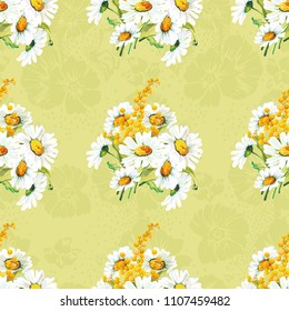 Seamless floral pattern with chamomiles and mimosas
